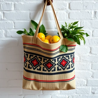 "Eco-Chic" Hand-Printed Jute Shopper Tote Bag