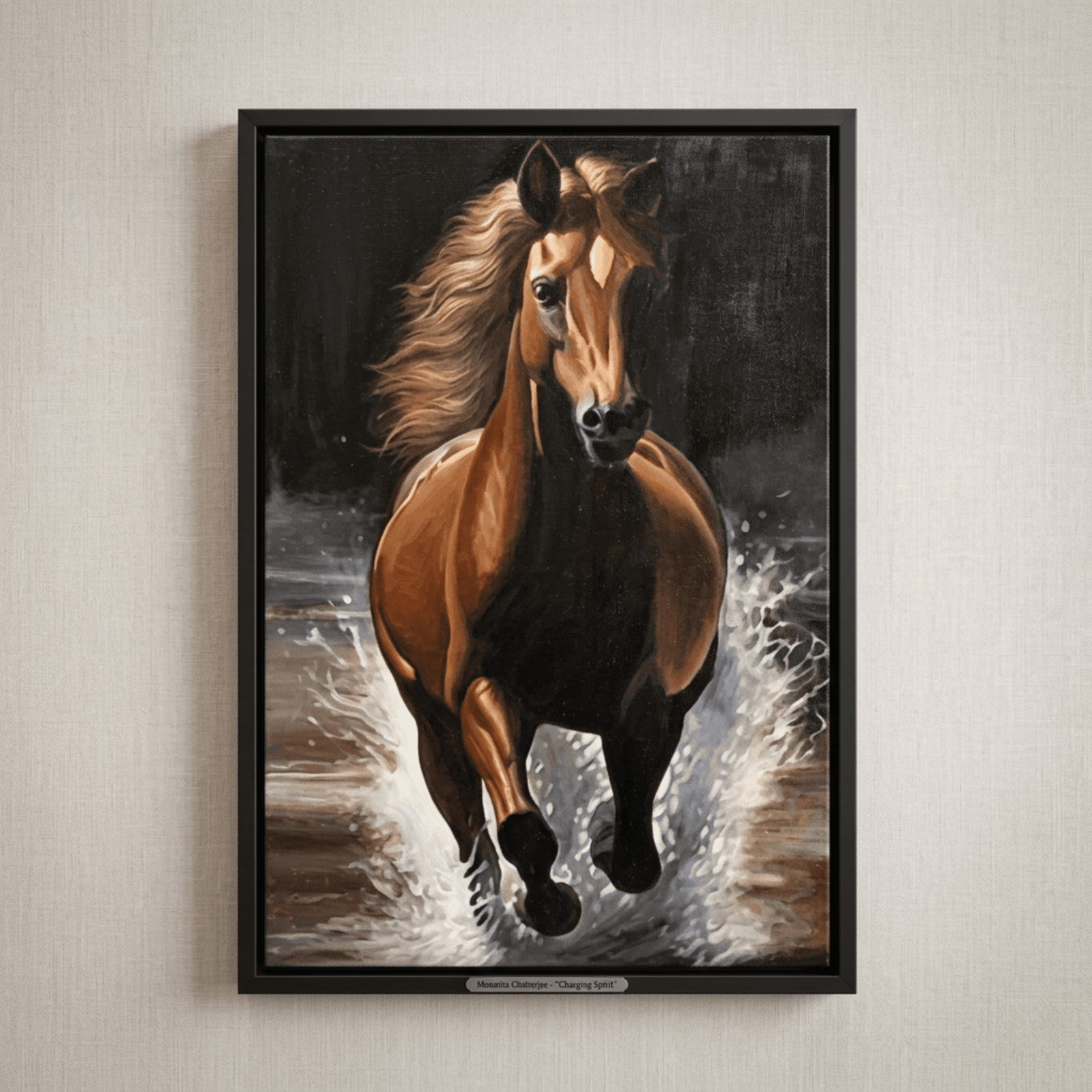Hand-painted brown charging horse acrylic painting on canvas 20x30 inches for living room decor